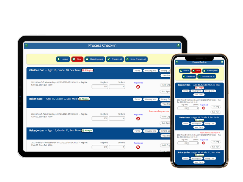 camper transportation check-in screens