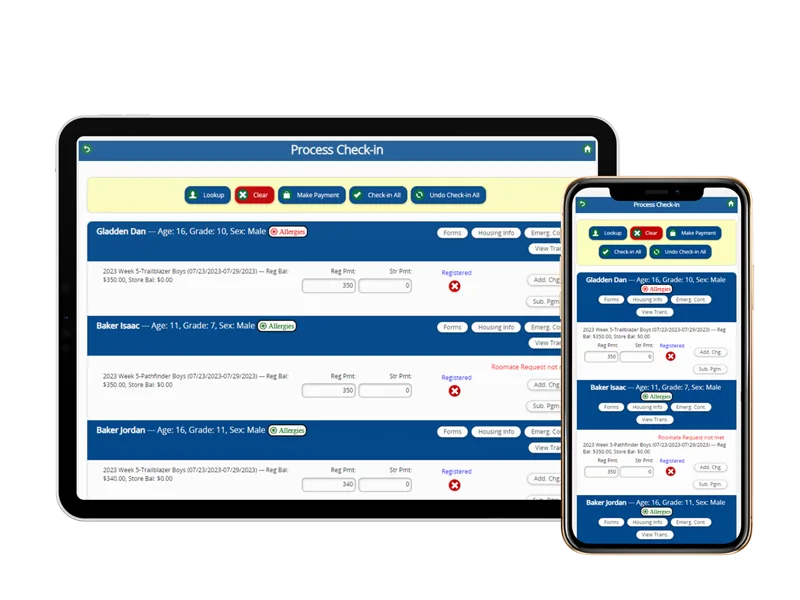 camper transportation check-in screens