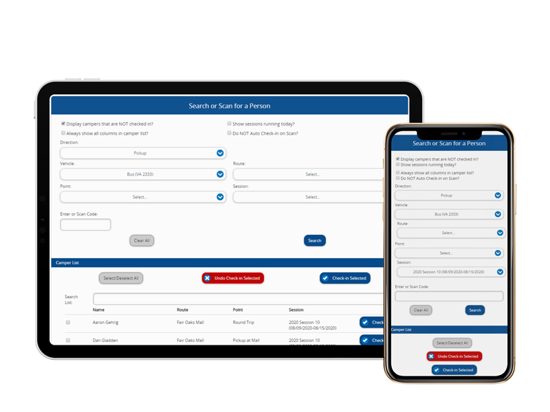 camper transportation check-in screens
