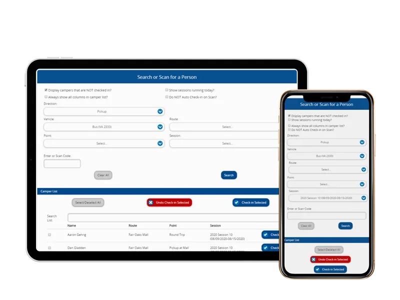 camper transportation check-in screens